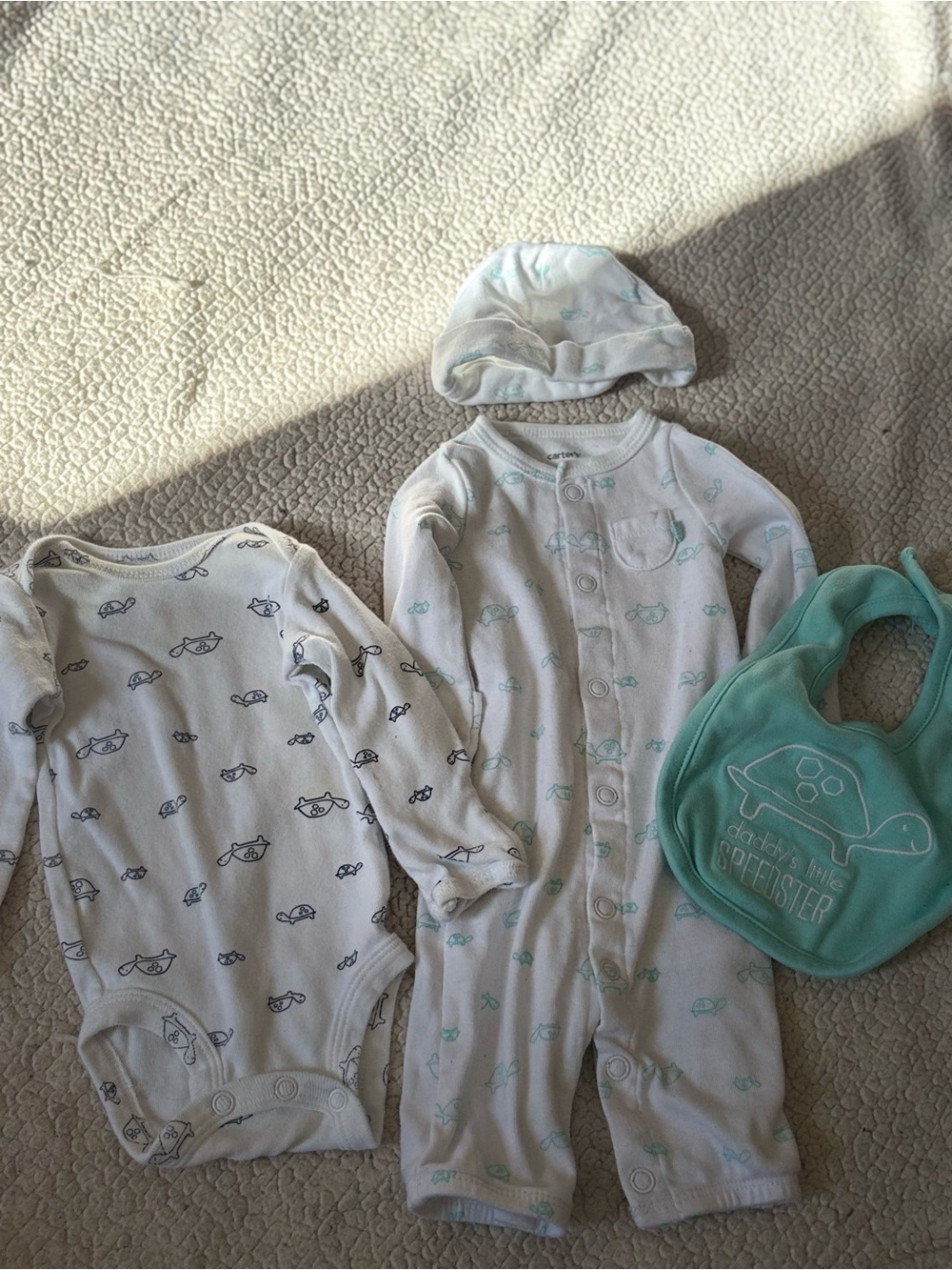 Carter's White and Aqua Baby Pajama Set with Hat and outfit
